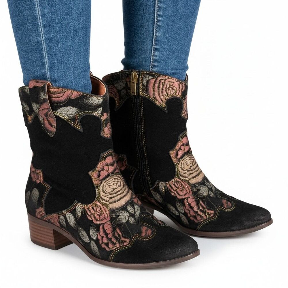 L'artiste Womens Boots Ladyluck Ankle Black Suede Tapestry Floral 37/US 6.5 - 7